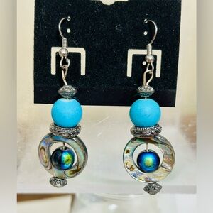 Hand Crafted Turquoise Abalone and Silver Dangle Earrings